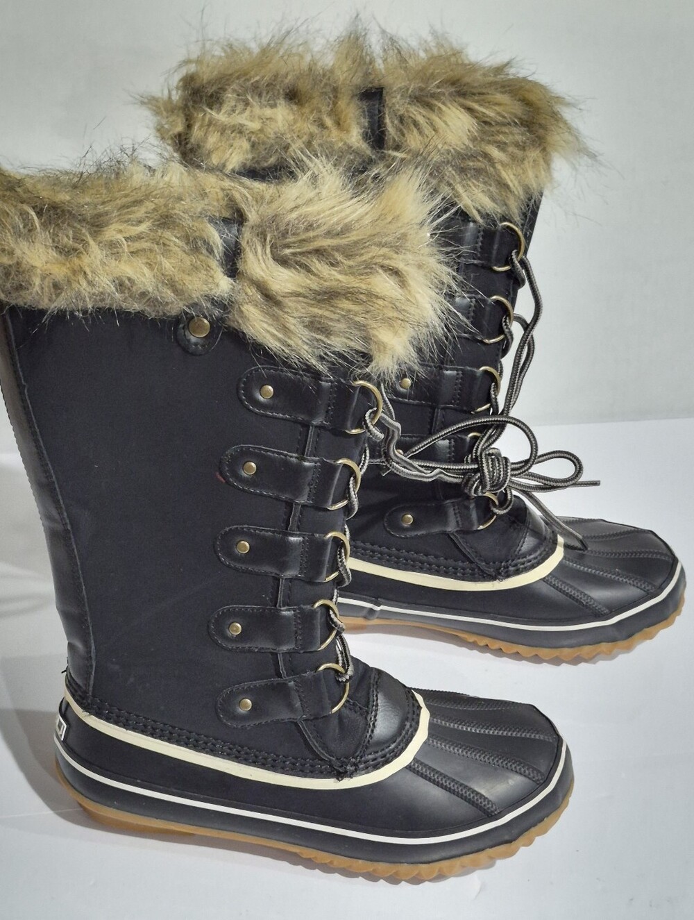 JBU Bella Black Winter Lace-Up Faux Fur-Trim Boots 8M